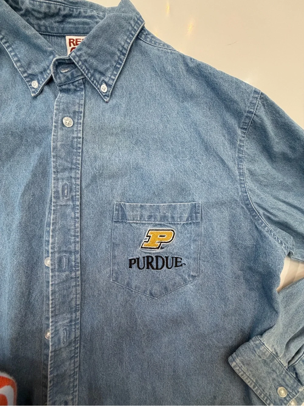 Vintage Purdue Embroidered Light Blue Denim Button-Down Shirt